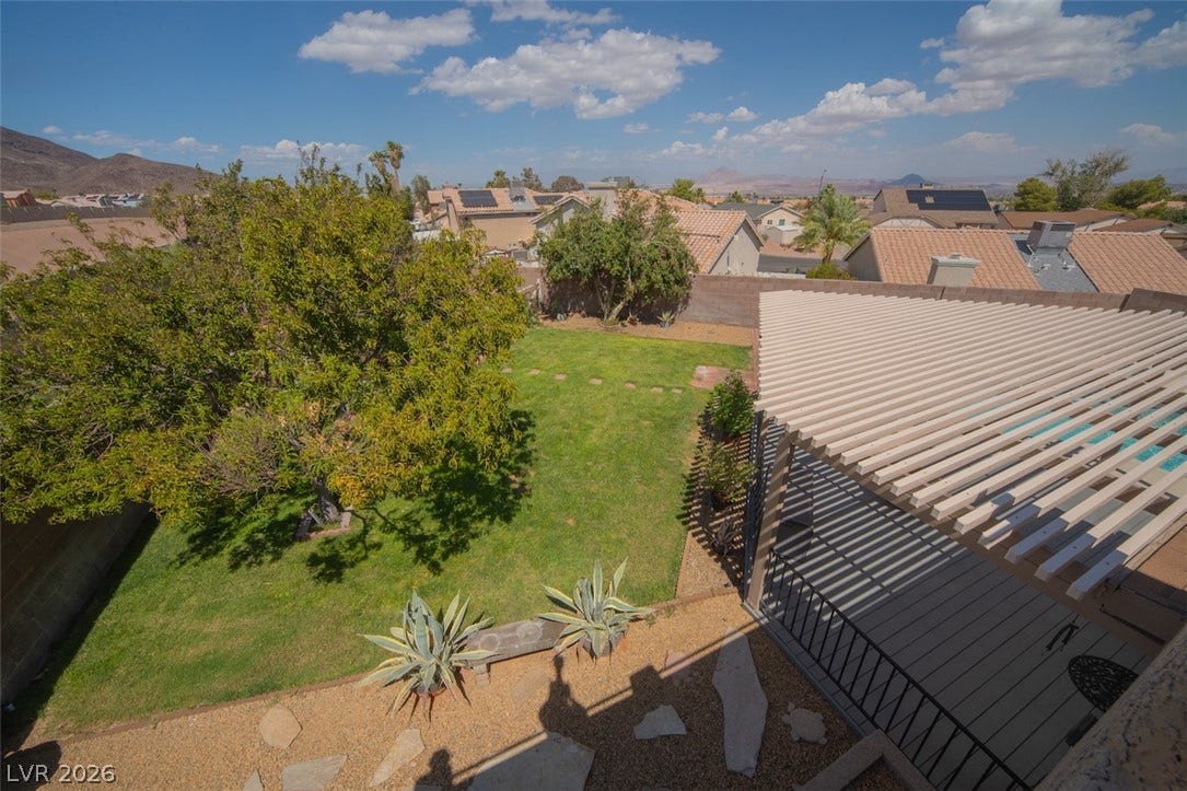 121 Heather Drive, Henderson, NV 89002 An overhead view reveals a green lawn, mature trees, and a spacious covered patio.