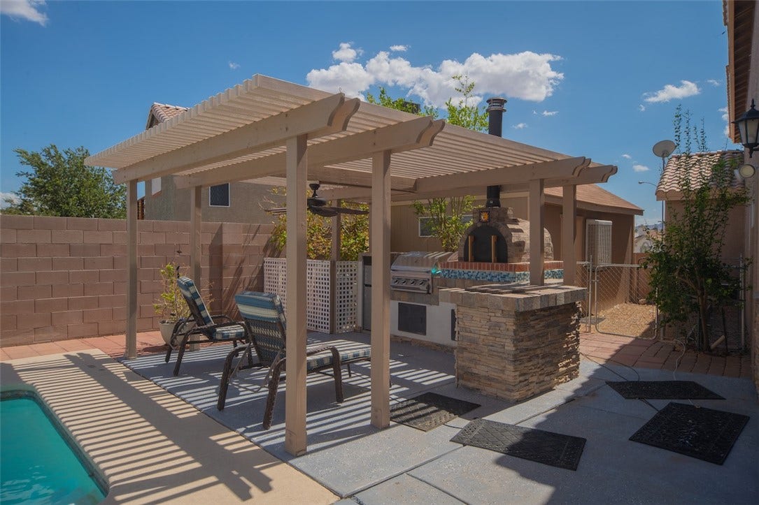 121 Heather Drive, Henderson, NV 89002 An inviting backyard oasis features a shaded pergola, built-in stone grill station, and private pool.