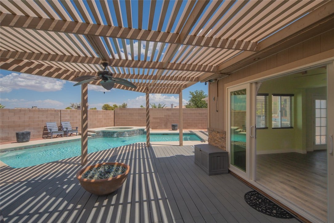 121 Heather Drive, Henderson, NV 89002 An inviting backyard pool and spa sit adjacent to a spacious covered deck.