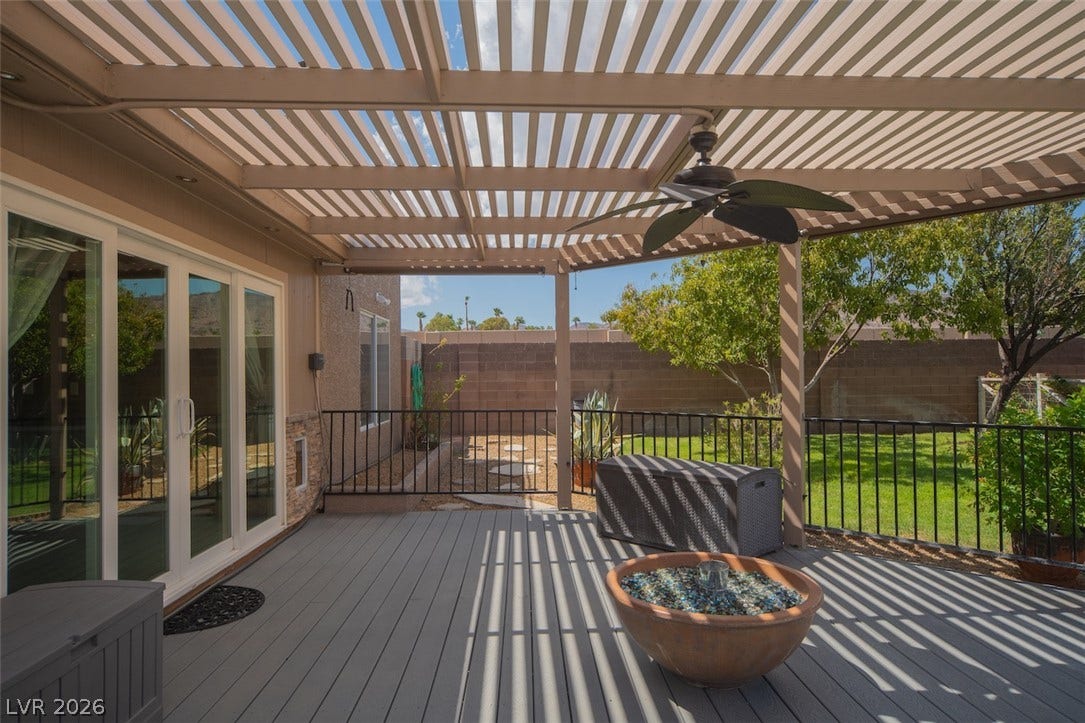 121 Heather Drive, Henderson, NV 89002 An inviting covered deck overlooks the grassy backyard enclosed by stone walls.