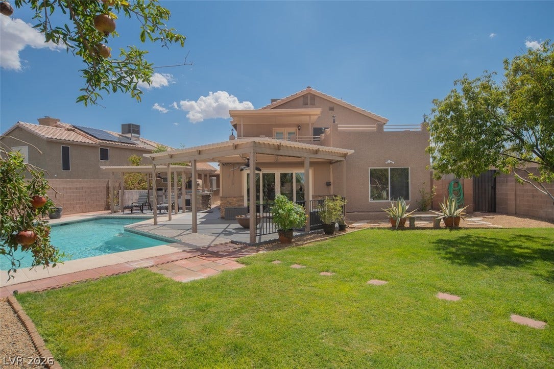 121 Heather Drive, Henderson, NV 89002 A spacious lawn borders the sparkling swimming pool and covered patio area.