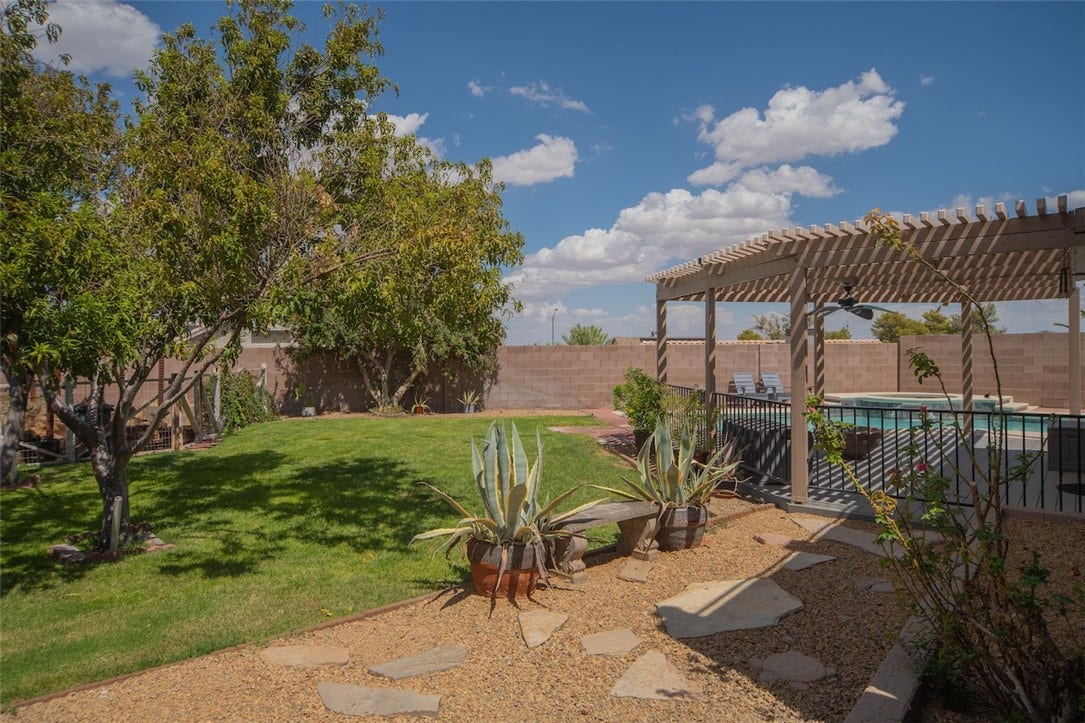 121 Heather Drive, Henderson, NV 89002 Lush green grass and desert landscaping frame an inviting patio covered by a classic pergola.