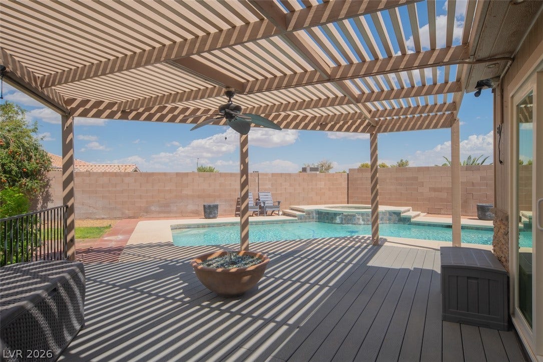 121 Heather Drive, Henderson, NV 89002 An inviting backyard oasis features a shaded wood deck overlooking a sparkling pool.