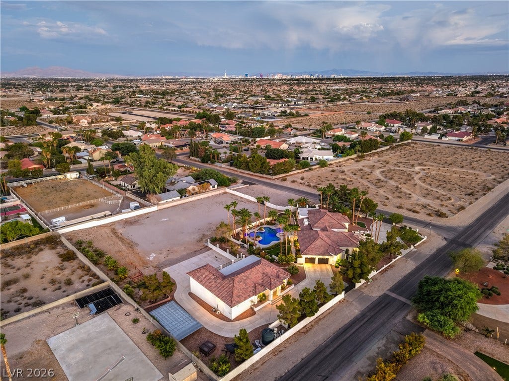 An aerial perspective captures the sprawling estate against a distant mountain and city skyline backdrop.