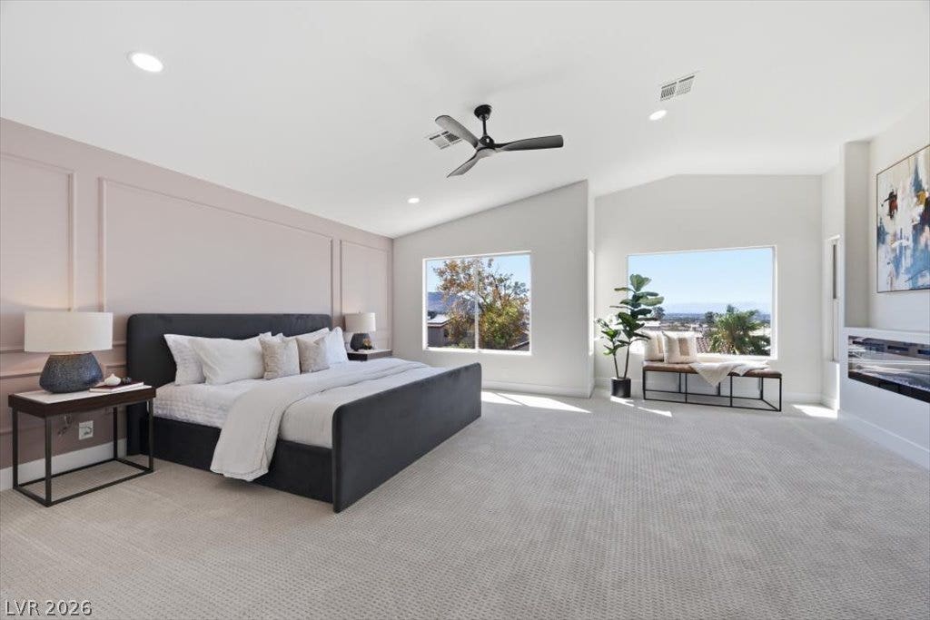 139 Skytop Drive, Henderson, NV 89015 Vaulted ceilings and generous space define this comfortable, light-filled bedroom suite.