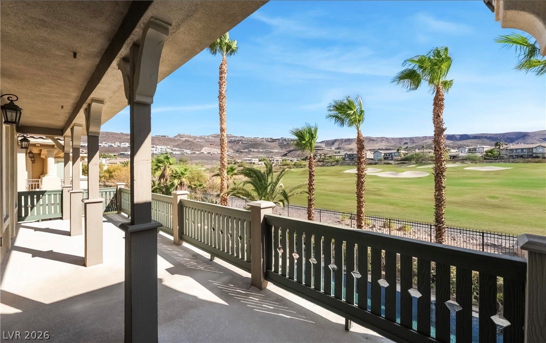 1343 Quiet River Avenue, Henderson, NV 89012 Panoramic golf course views unfold from this sheltered covered balcony.