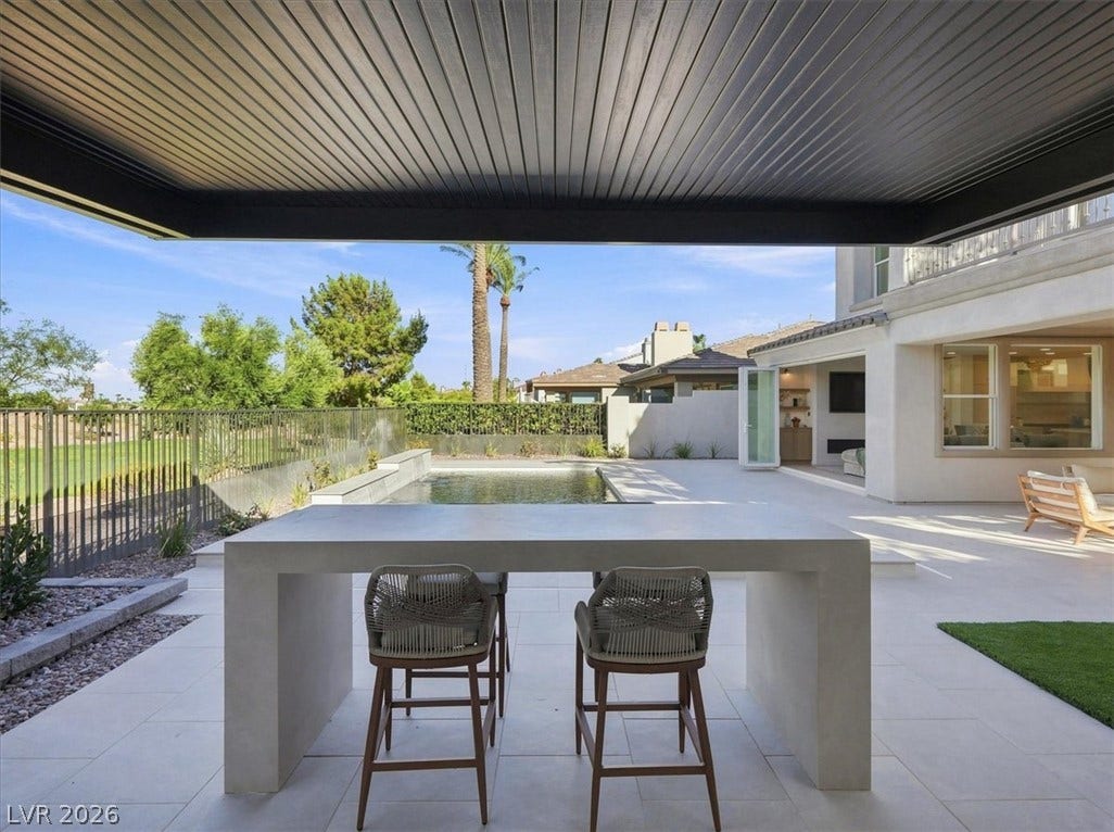 A covered terrace looks out over a pristine swimming pool and manicured lawn.