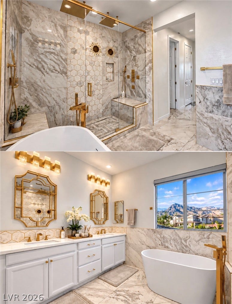 12415 Aster Hills Avenue, Las Vegas, NV 89138 Fine marble tile, elegant fixtures, and a freestanding tub create a spa-like master bathroom retreat.
