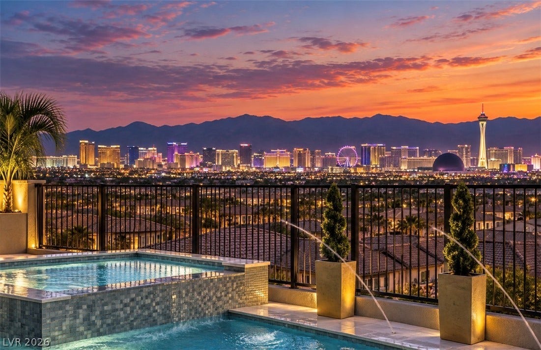 12415 Aster Hills Avenue, Las Vegas, NV 89138 mountain and city skyline views frame the elevated pool terrace at sunset.