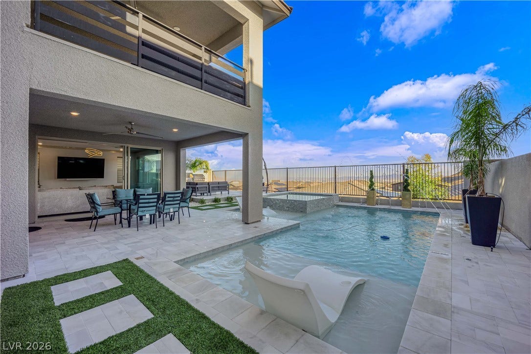 12415 Aster Hills Avenue, Las Vegas, NV 89138 backyard oasis showcases a pristine swimming pool and a covered patio area.