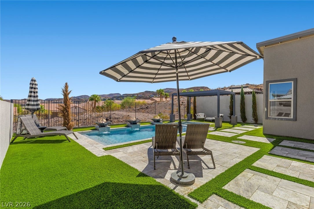 1976 Peaceful Mesa Court, Henderson, NV 89052 An inviting backyard oasis features a swimming pool set against scenic desert hills.