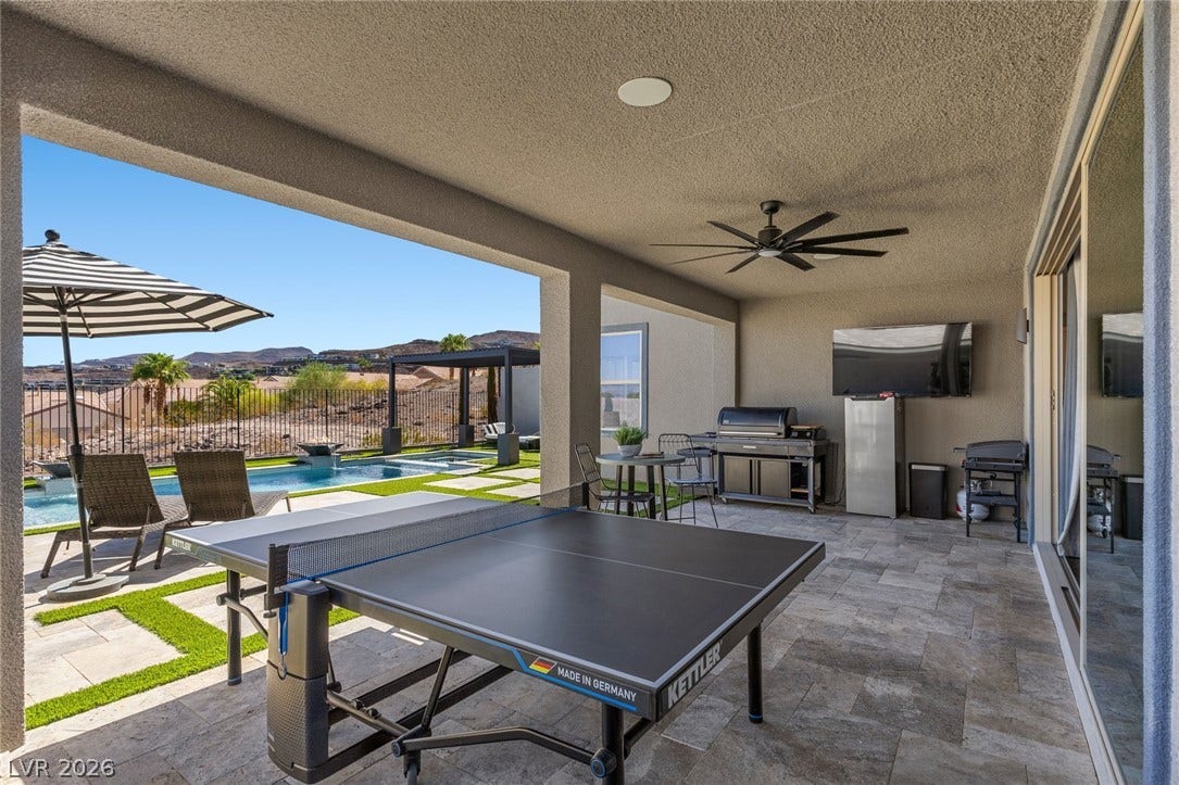 1976 Peaceful Mesa Court, Henderson, NV 89052 A spacious covered terrace overlooks the sparkling swimming pool and scenic mountain landscape.