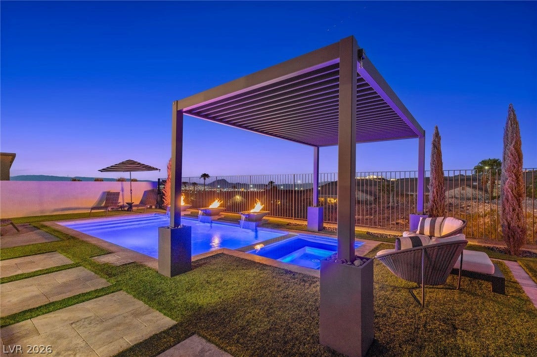 1976 Peaceful Mesa Court, Henderson, NV 89052 A modern pergola overlooks the inviting pool and spa area framed by scenic twilight views.