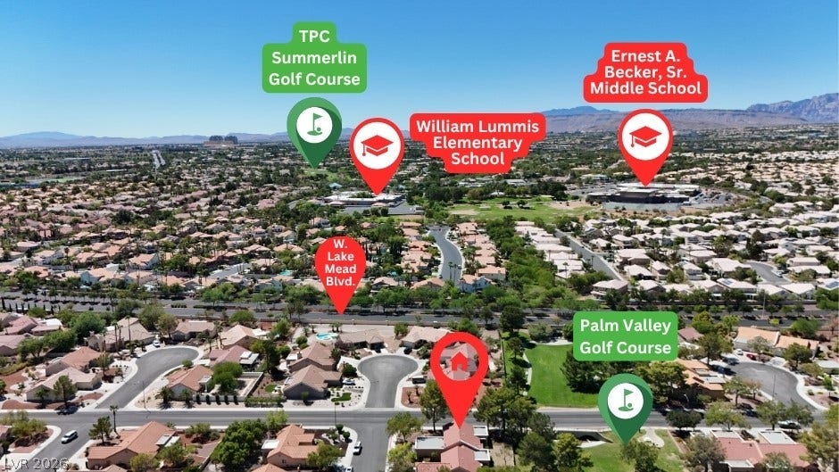 An aerial perspective showcases the home positioned near major roadways and premier local golf courses.
