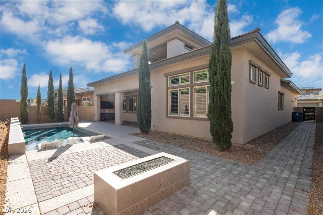 Private backyard oasis with pool, fire pit and dry bar with fridge and TV