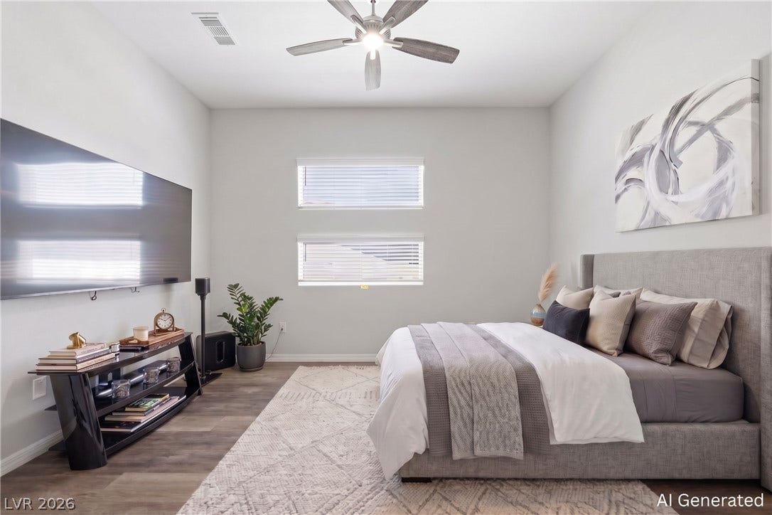 51 Thorn Creek Street, Henderson, NV 89011 Smooth wood-look flooring and stacked horizontal windows enrich this restful next-gen optional bedroom. AI-generated image.