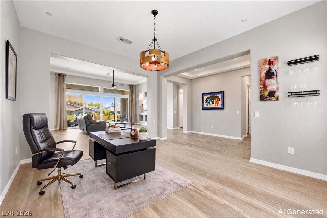 51 Thorn Creek Street, Henderson, NV 89011 Clean lines and warm wood floors define this versatile office space opening to wider living areas. AI-generated image.
