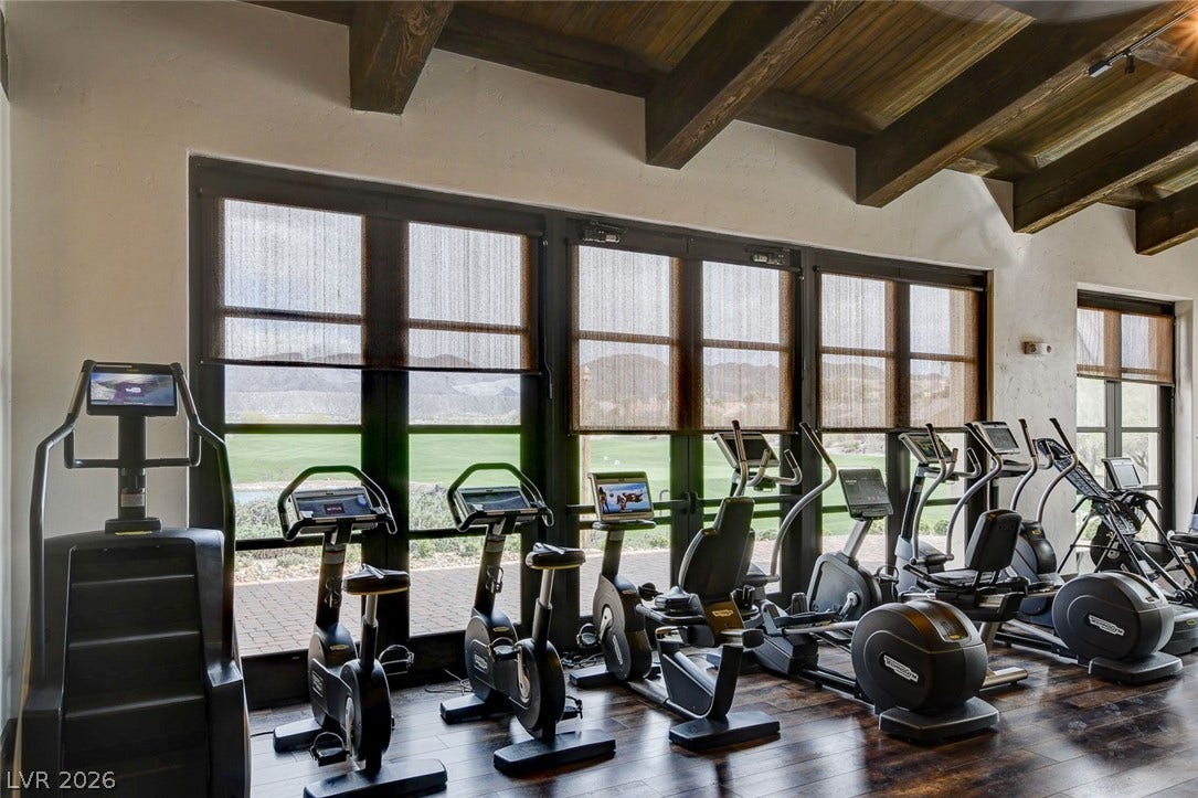 51 Thorn Creek Street, Henderson, NV 89011 Gym featuring a wood ceiling with exposed beams