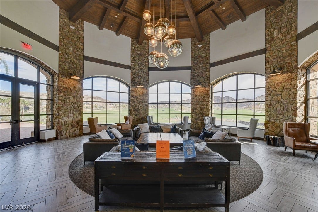 51 Thorn Creek Street, Henderson, NV 89011 Common area with a high wooden beamed ceiling and a mountain view