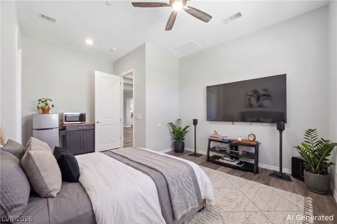 51 Thorn Creek Street, Henderson, NV 89011 Smooth wood-look flooring and stacked horizontal windows enrich this restful next-gen optional bedroom. AI-generated image.