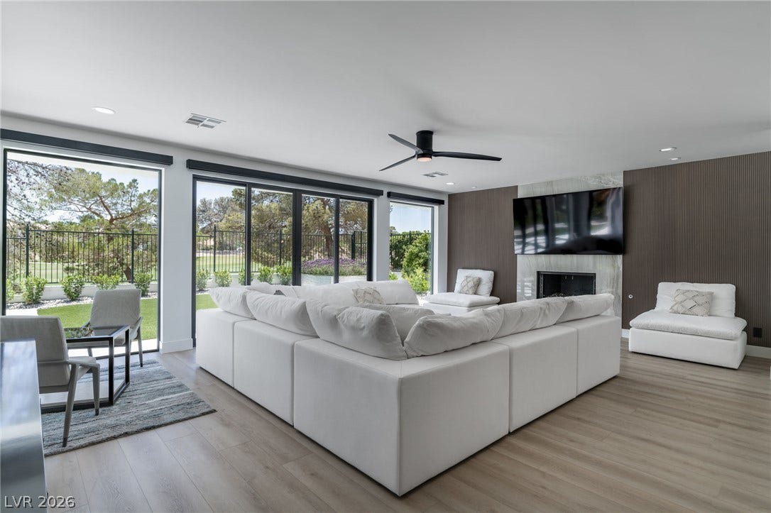 8633 Robinson Ridge Drive, Las Vegas, NV 89117 Expansive sliding glass doors connect this modern living space to the scenic outdoors.
