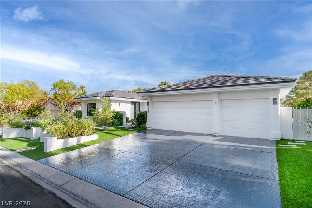 8633 Robinson Ridge Drive, Las Vegas, NV 89117 An expansive patterned concrete driveway leads to a modern exterior with clean architectural lines.