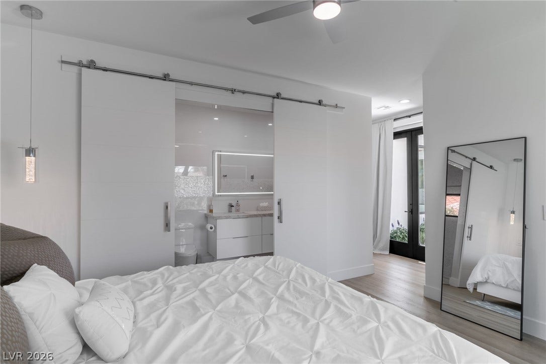 8633 Robinson Ridge Drive, Las Vegas, NV 89117 Sleek sliding doors partition the bedroom from the adjoining bath.
