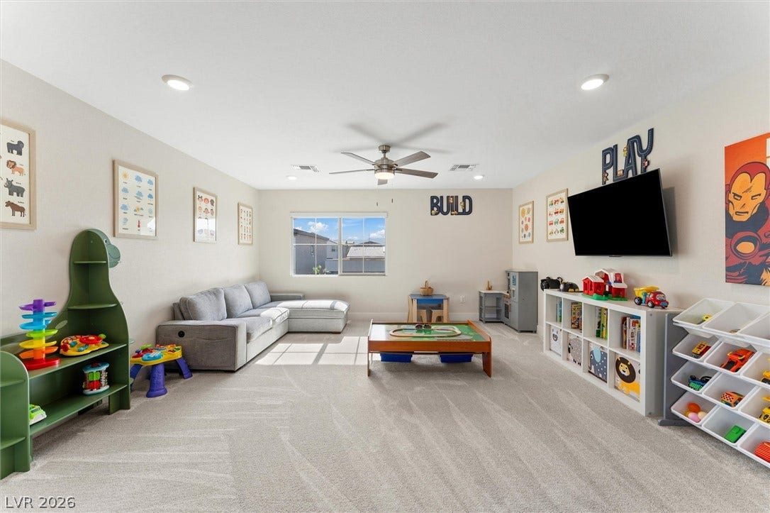 8724 Fortplaid Street, Las Vegas, NV 89139 Plentiful natural light fills a versatile bonus room featuring soft carpeting and recessed lighting.