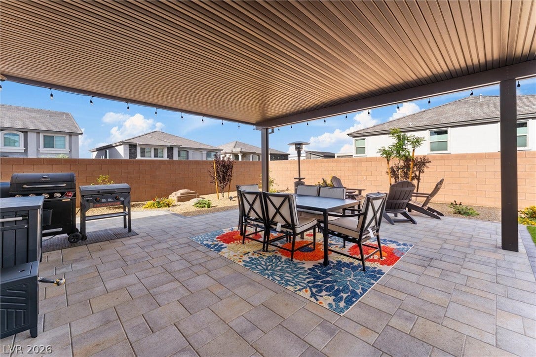 8724 Fortplaid Street, Las Vegas, NV 89139 A spacious covered patio features paver flooring and opens to a fenced backyard.