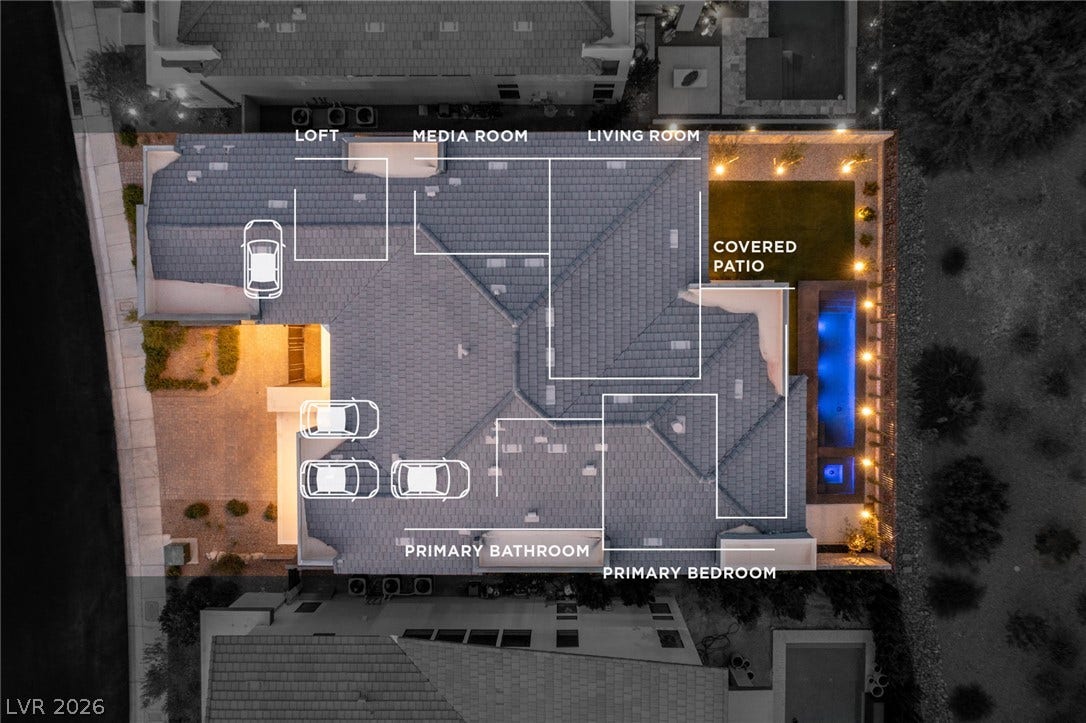 5216 Fading Sunset Drive, Las Vegas, NV 89135 An aerial blueprint highlights the expansive floor plan, private pool, and welcoming outdoor living spaces.