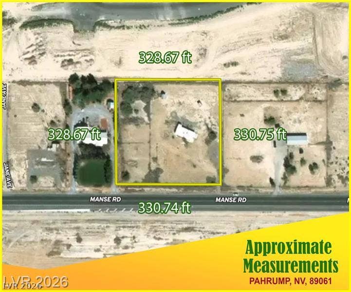 000 Linda Leslie Manse Street, Pahrump, NV 89060 An aerial layout highlights the approximate dimensions and boundaries of this expansive lot.