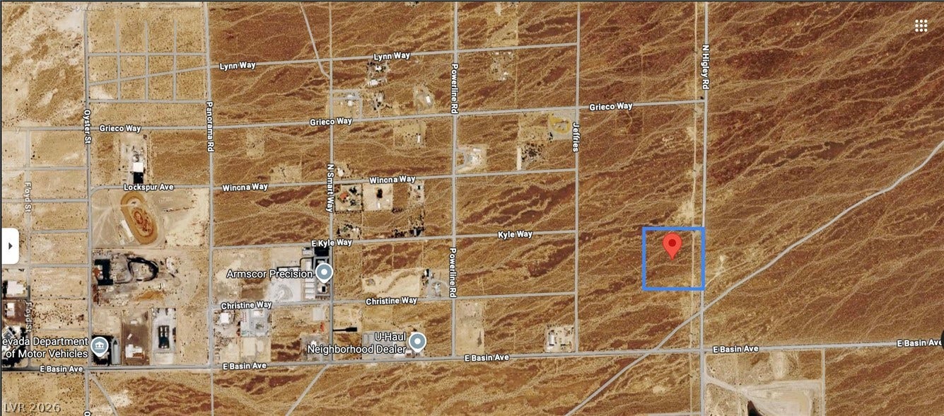 180 N Higley Road, Pahrump, NV 89060 An aerial map highlights the exact location of this desert property.
