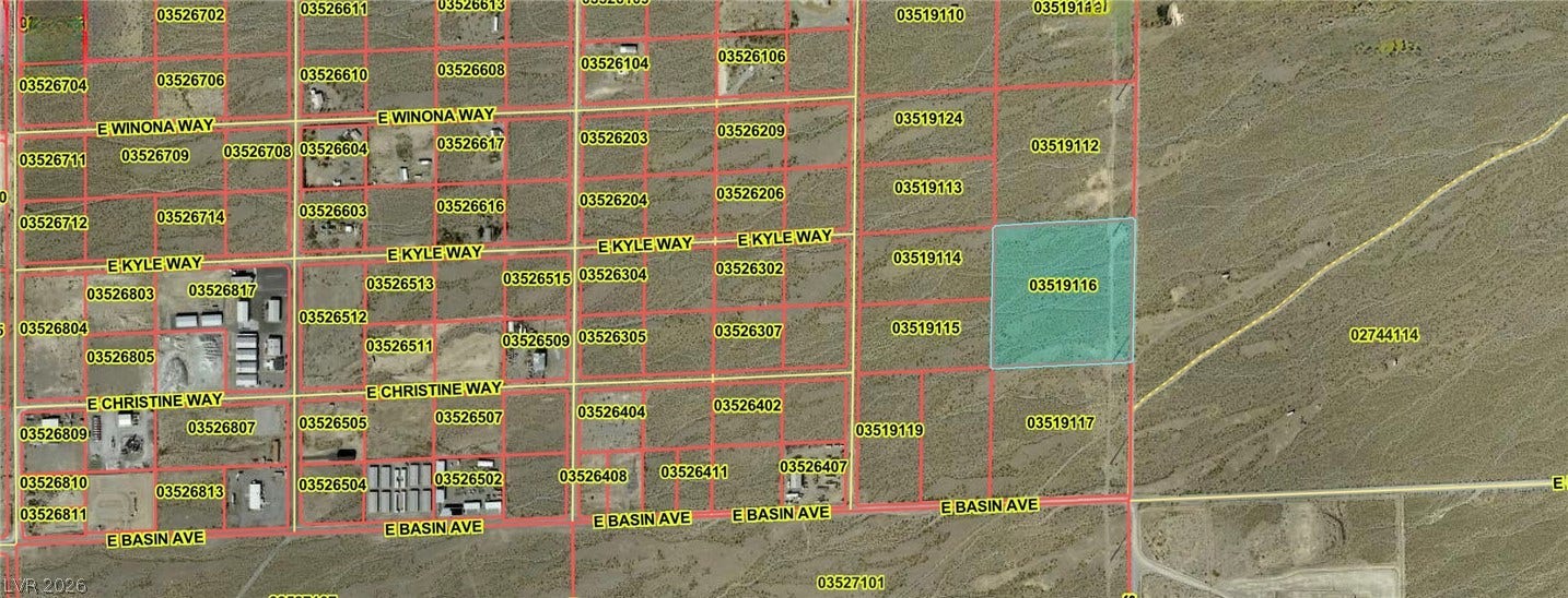 180 N Higley Road, Pahrump, NV 89060 An aerial plat map outlines the expansive boundaries of this desert property.