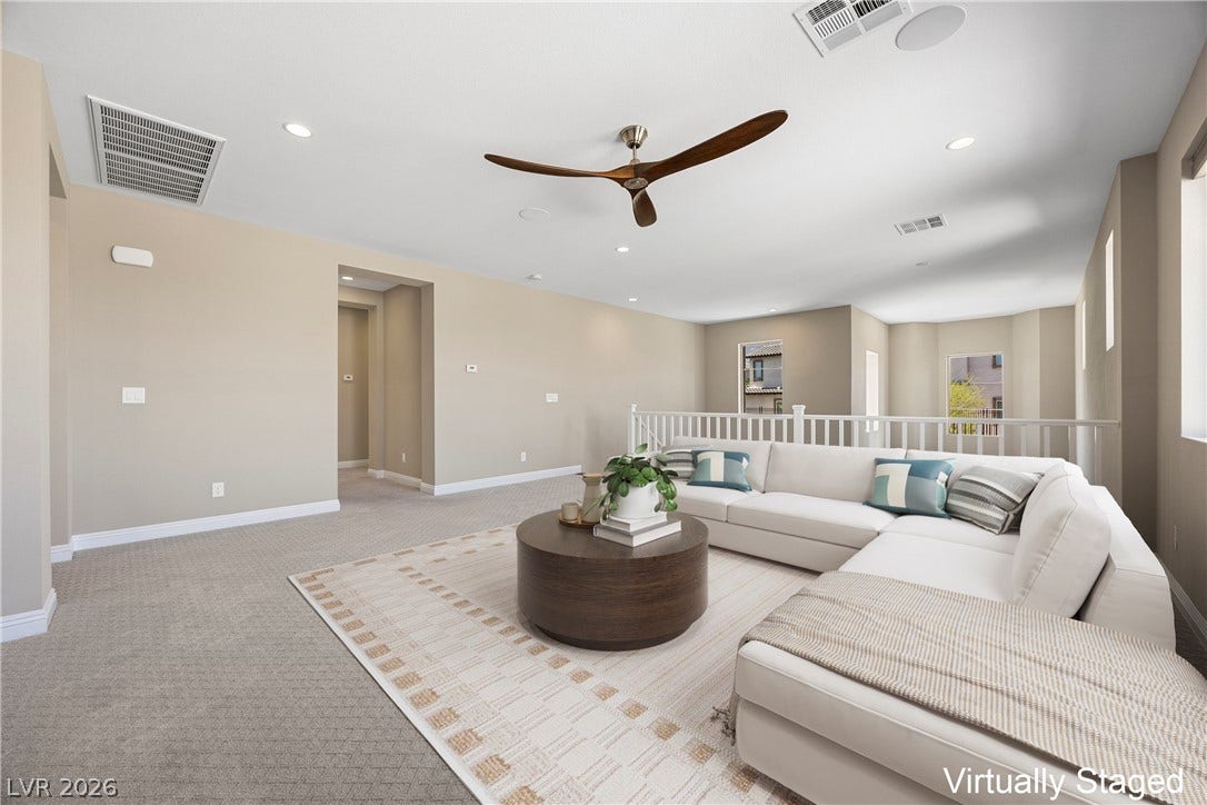 12021 Abbracci Avenue, Las Vegas, NV 89138 Virtually Staged An inviting open-concept living area with soaring ceilings provides ample space for relaxation and entertainment.