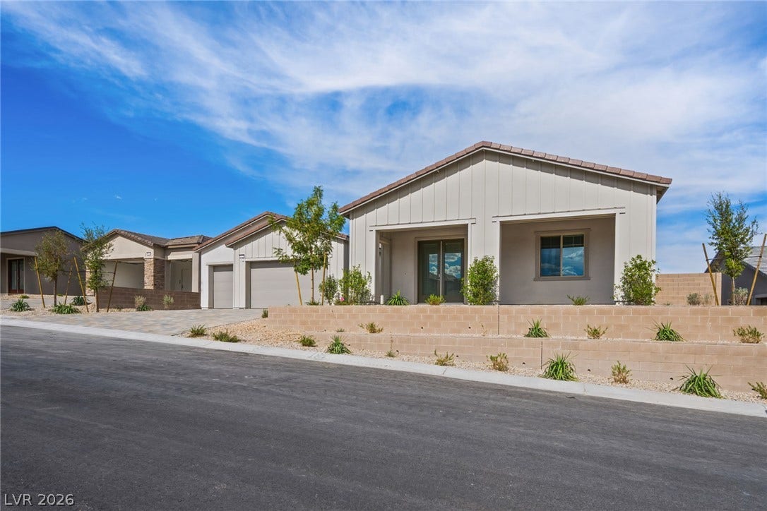 12428 Breezy Bluff Avenue, Las Vegas, NV 89138 A modern exterior showcases clean lines, board and batten siding, and neat desert landscaping.