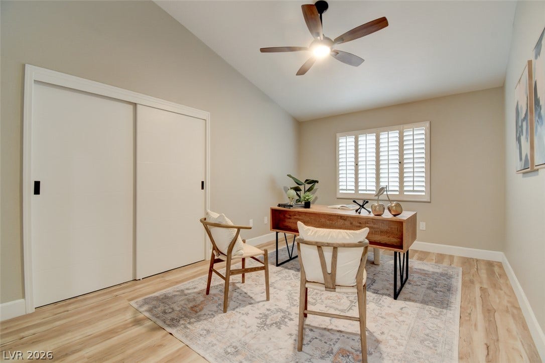 2837 Billy Casper Drive, Las Vegas, NV 89134 Vaulted ceilings and luxury vinyl floors define this tranquil dedicated workspace. Custom closet, 3rd bedroom