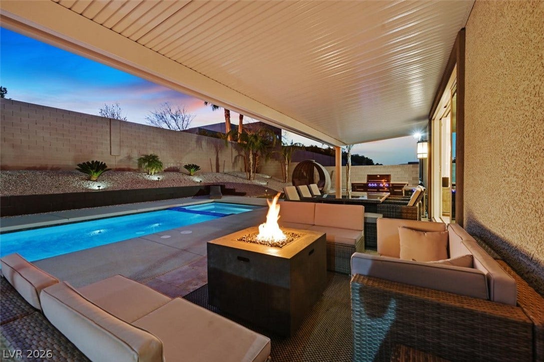 2689 Pioneer Estates Court, Las Vegas, NV 89117 A spacious covered patio overlooks a sparkling in-ground pool and integrated spa.
