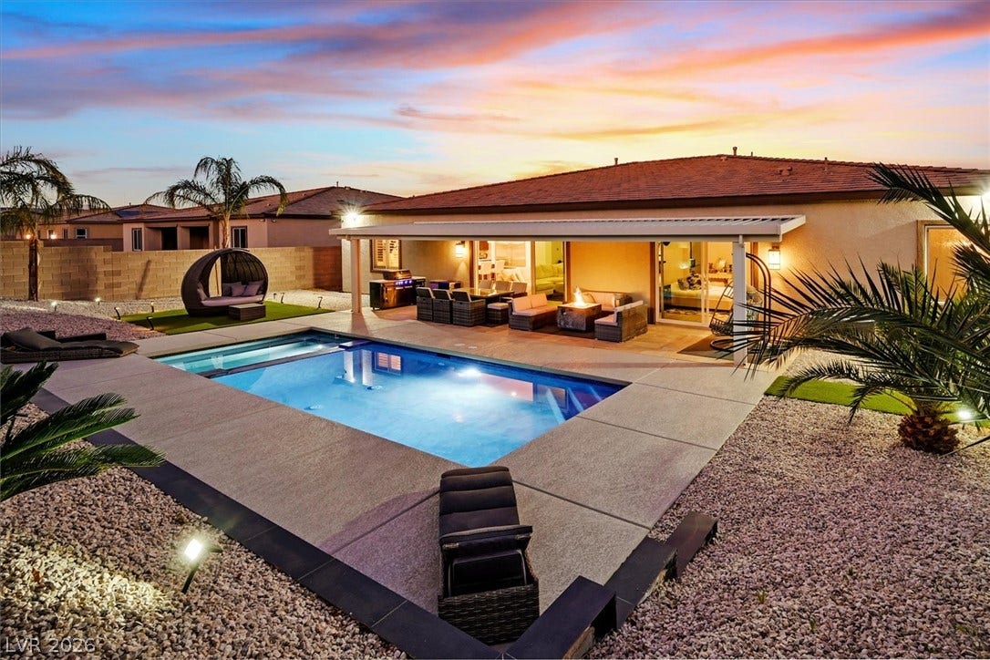 2689 Pioneer Estates Court, Las Vegas, NV 89117 An inviting backyard oasis features a pristine swimming pool and a covered patio area.
