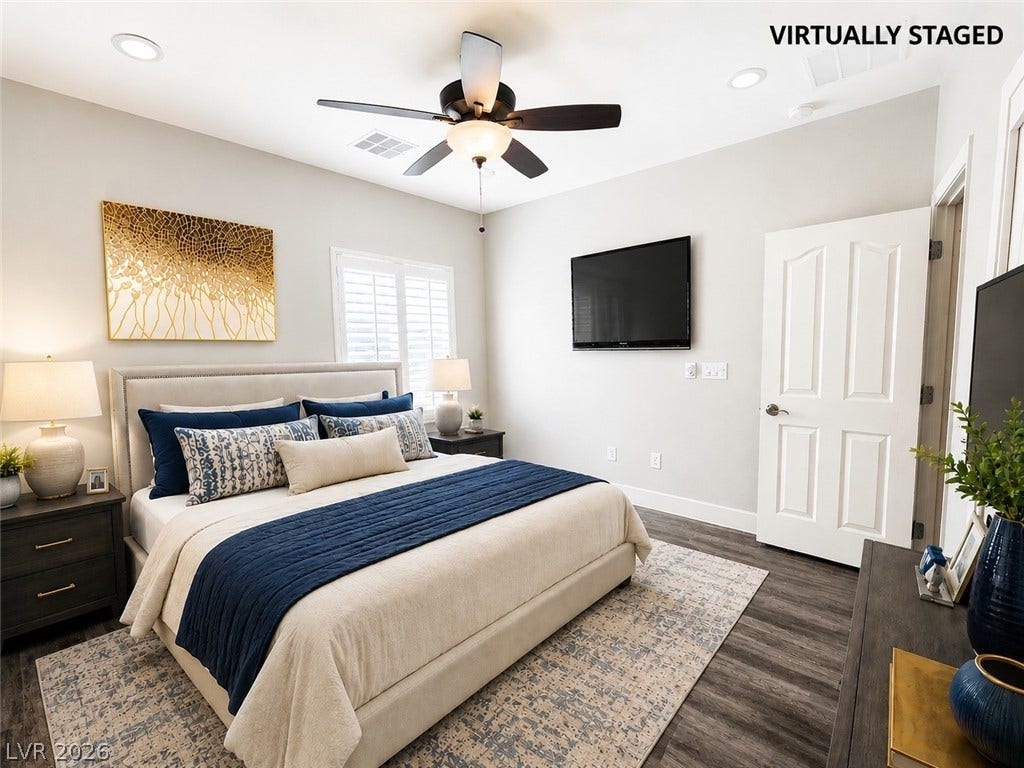 2237 Merrimack Valley Avenue, Henderson, NV 89044 recessed lighting highlight this comfortable bedroom retreat.
