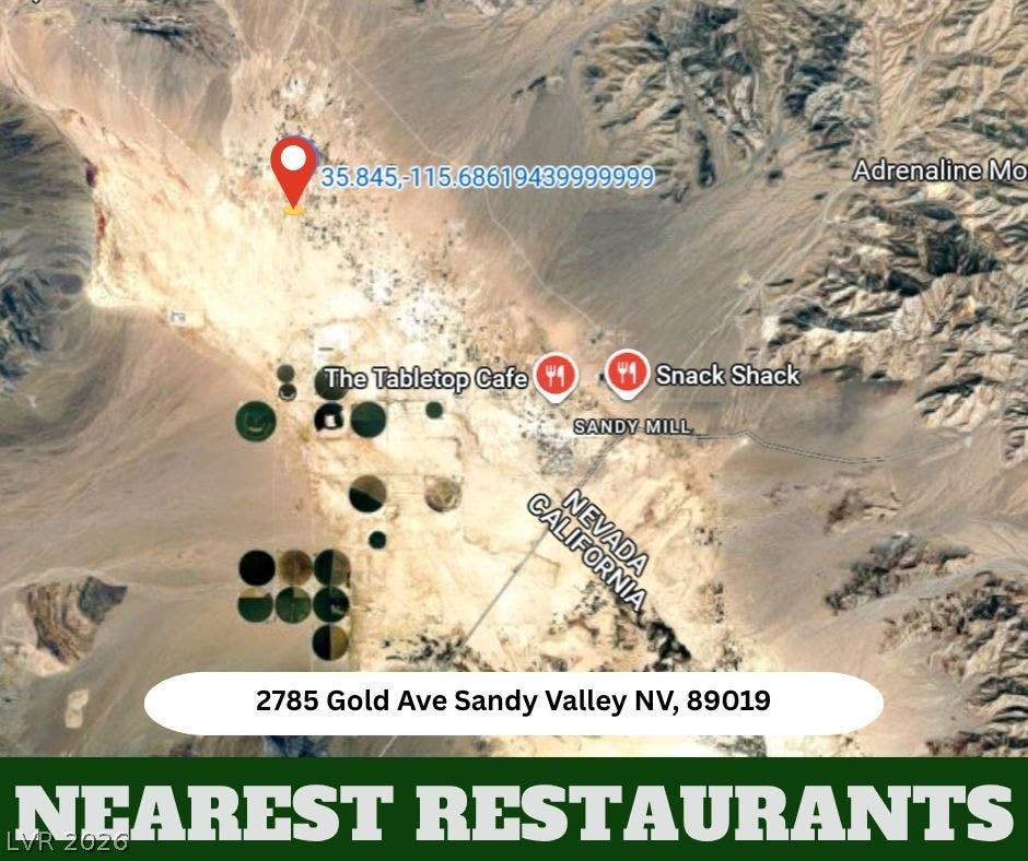 Satellite perspective shows the geographic orientation and proximity to regional dining spots.