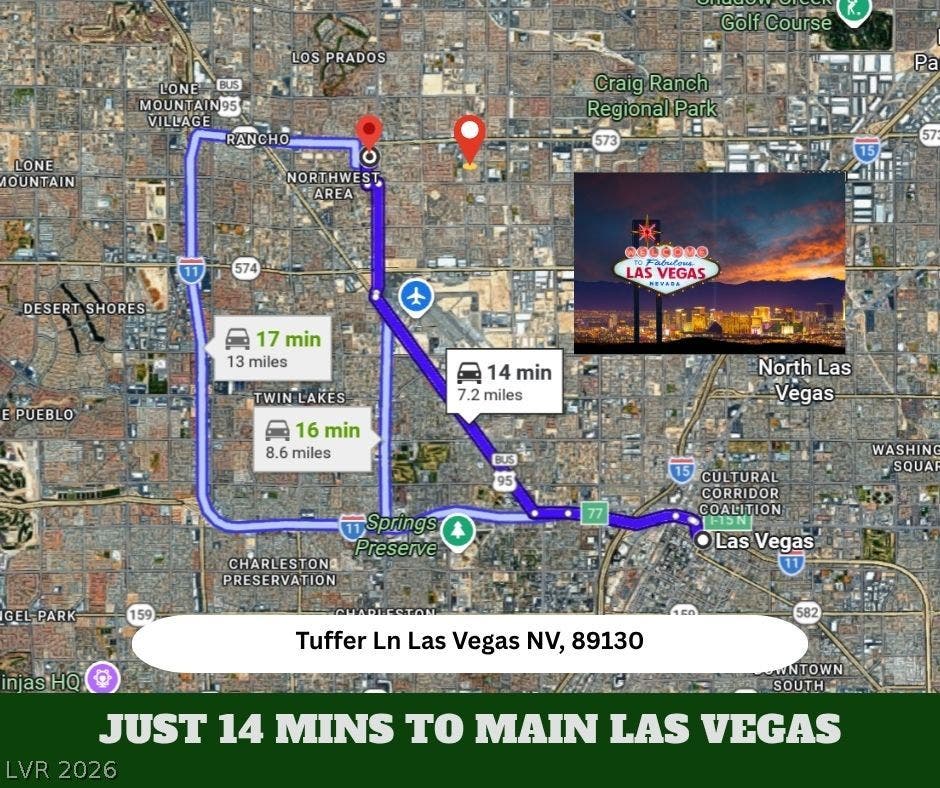 Conveniently located map highlighting quick travel times to the main Las Vegas strip.