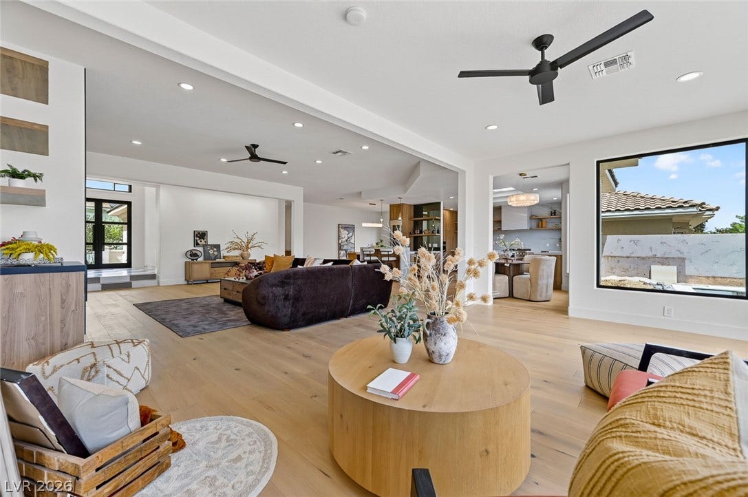 1900 Glenview Drive, Las Vegas, NV 89134 Clean lines and wide-plank wood flooring define this open-concept living space.