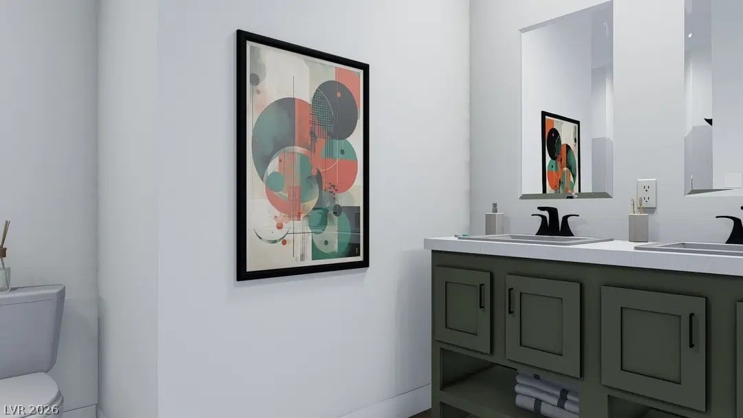 466 Box Canyon Road, Alamo, NV 89001 Clean lines and a spacious double vanity define this modern bathroom design.