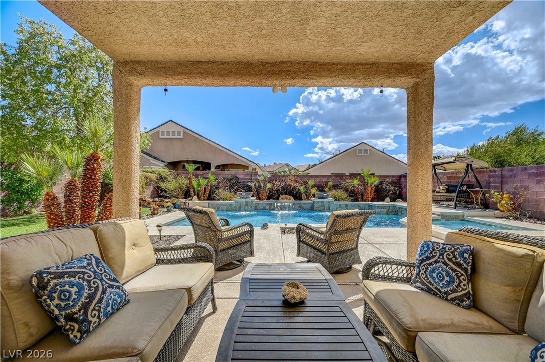 2201 Double Tree Avenue, Henderson, NV 89052 An inviting covered patio framing views of a sparkling swimming pool and desert landscaping.