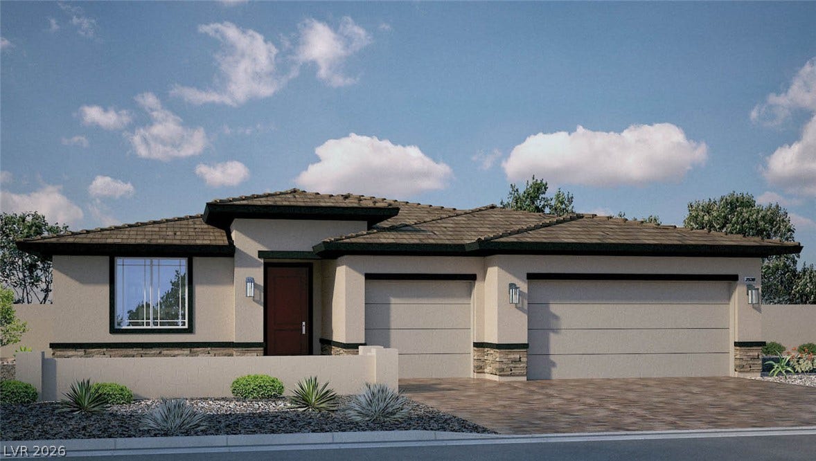 1032 Gentle Swan Street, Henderson, NV 89011 Clean architectural lines define this modern single-story facade featuring a spacious multi-car garage and stone accents.