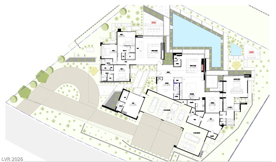 705 Dragon Peak Drive, Henderson, NV 89012 An architectural schematic illustrates a luxury estate layout with a private pool and spacious garage.