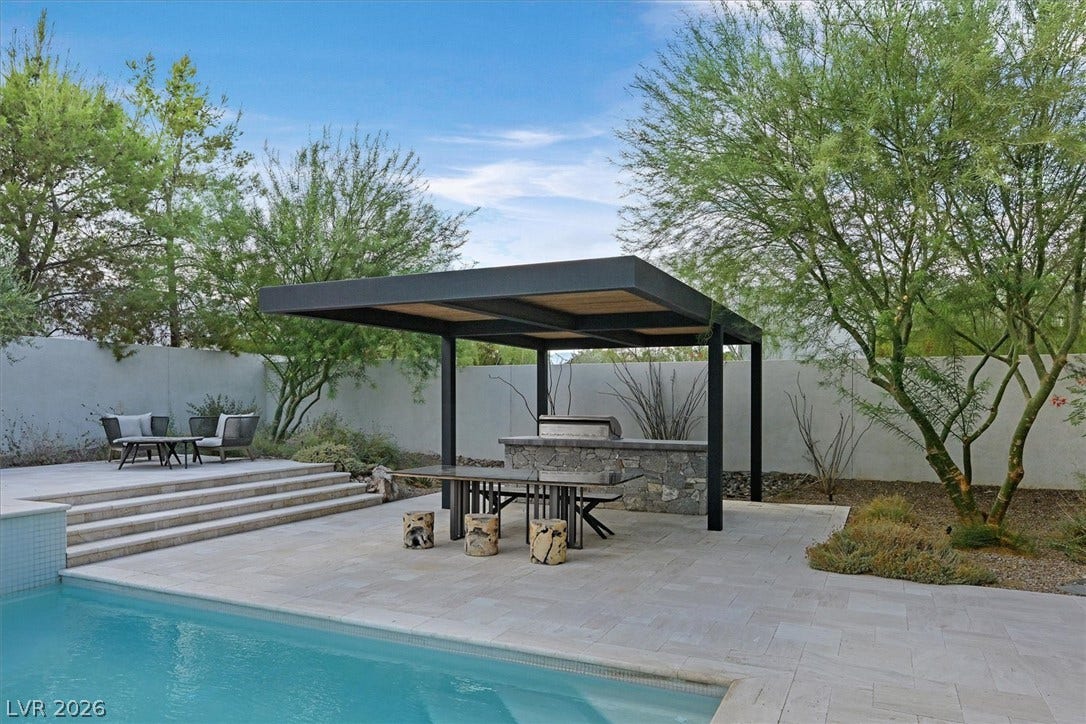 4155 Badura Avenue, Las Vegas, NV 89118 An outdoor kitchen and dining pavilion overlook the pristine swimming pool.