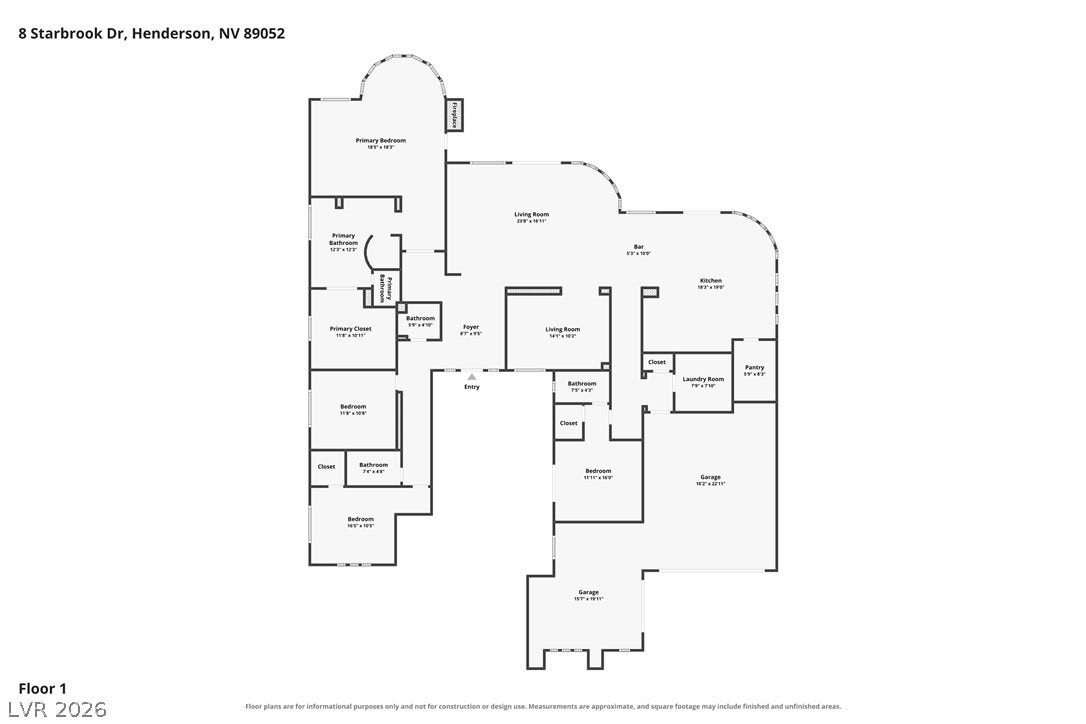 8 Starbrook Drive, Henderson, NV 89052 A detailed layout illustrates the spacious flow of this single-story residential floor plan.
