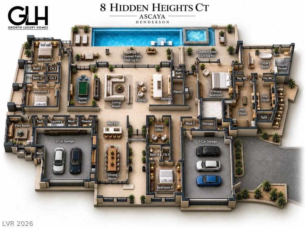 An engineered layout details the flow of this luxurious estate featuring multiple garages and a pool.