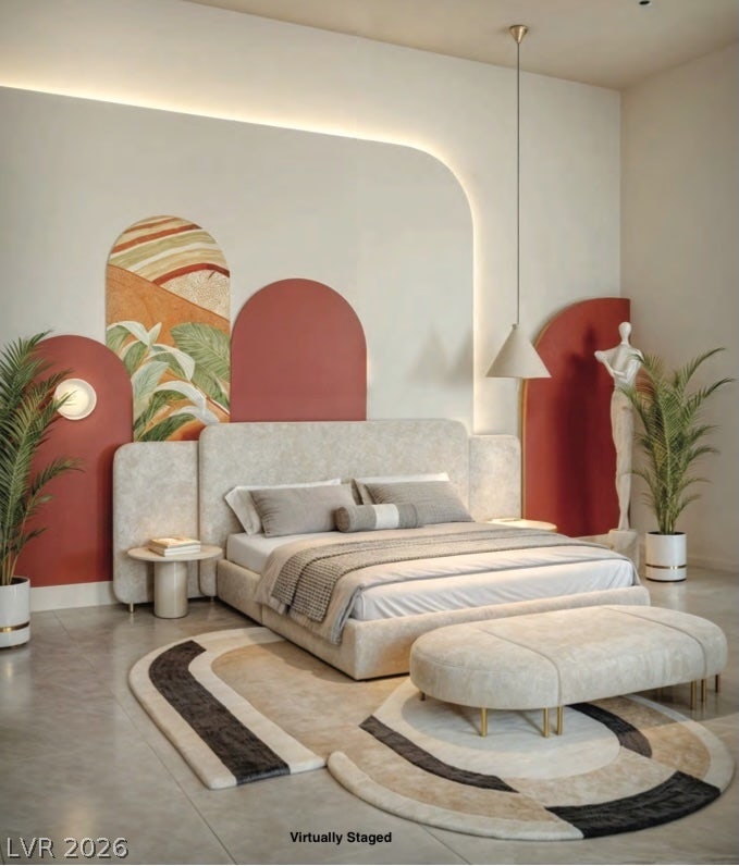 "Virtually Staged" Smooth tile floors and high ceilings frame this architectural master suite featuring integrated wall illumination.